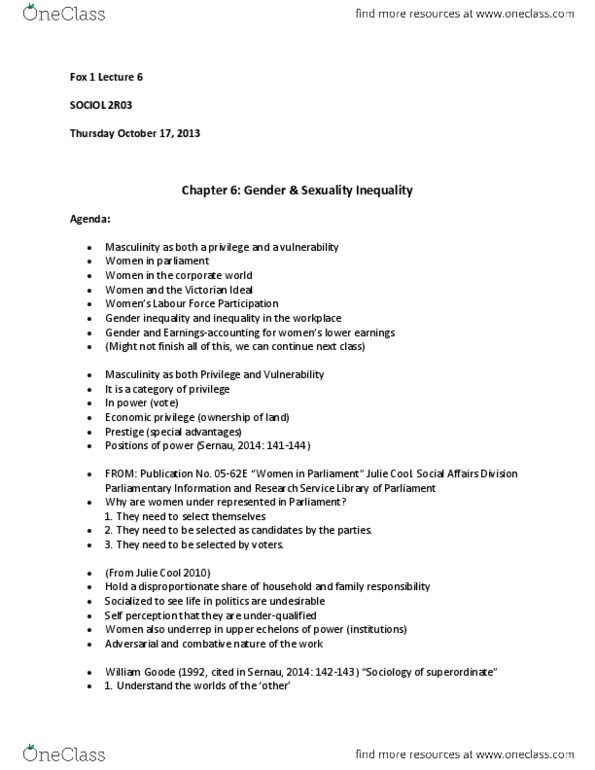 SOCIOL 2R03 Lecture Notes - Lecture 6: Nancy F. Cott, Human Capital, Gender Inequality thumbnail