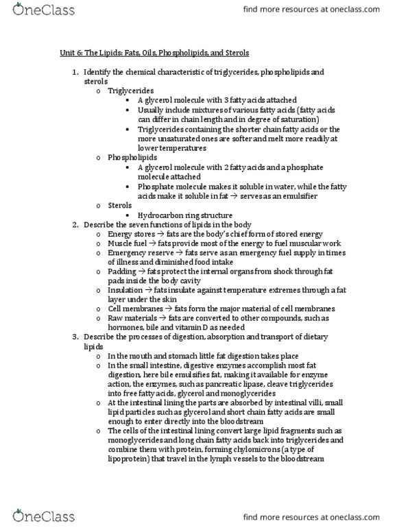 Foods and Nutrition 1021 Lecture Notes - Lecture 6: Short-Chain Fatty Acid, Intestinal Villus, Pancreatic Lipase Family thumbnail