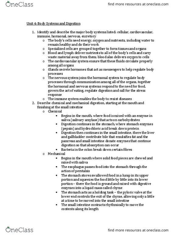 Foods and Nutrition 1021 Lecture Notes - Lecture 4: Pylorus, Chyme, Circulatory System thumbnail