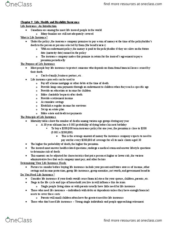 MCS 2100 Chapter Notes - Chapter 9: Life Insurance, Mortgage Insurance, Term Life Insurance thumbnail