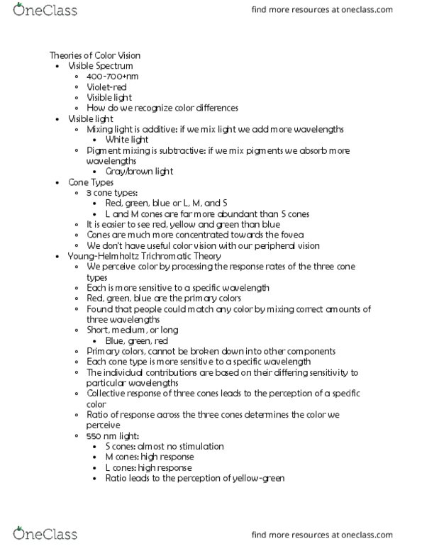 PSYC 3300 Lecture Notes - Lecture 20: Color Vision, Primary Color, Peripheral Vision thumbnail