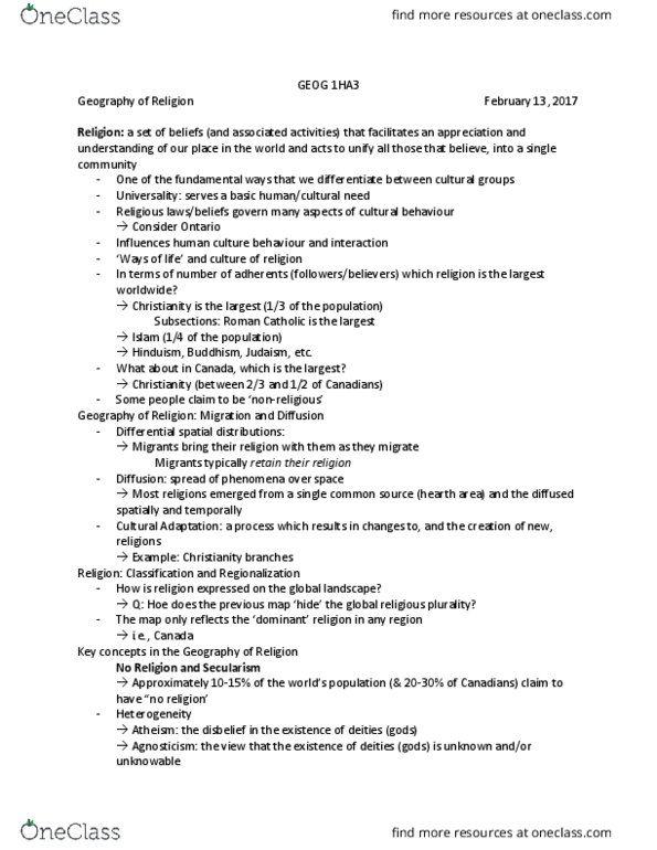 GEOG 1HA3 Lecture Notes - Lecture 4: Irreligion, Major Religious Groups, Agnosticism thumbnail