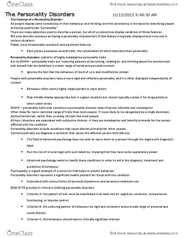 Psychology 2310A/B Chapter Notes - Chapter 7: Paranoid Personality Disorder, Schizotypal Personality Disorder, Antisocial Personality Disorder thumbnail