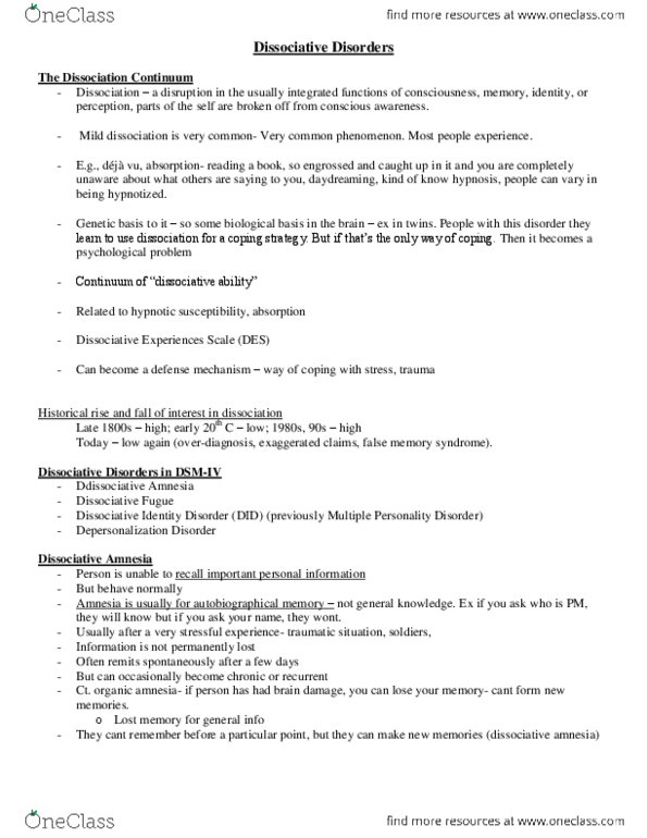 Psychology 2310A/B Lecture Notes - Lecture 6: Dissociative Identity Disorder, Psychogenic Amnesia, Dissociative Experiences Scale thumbnail