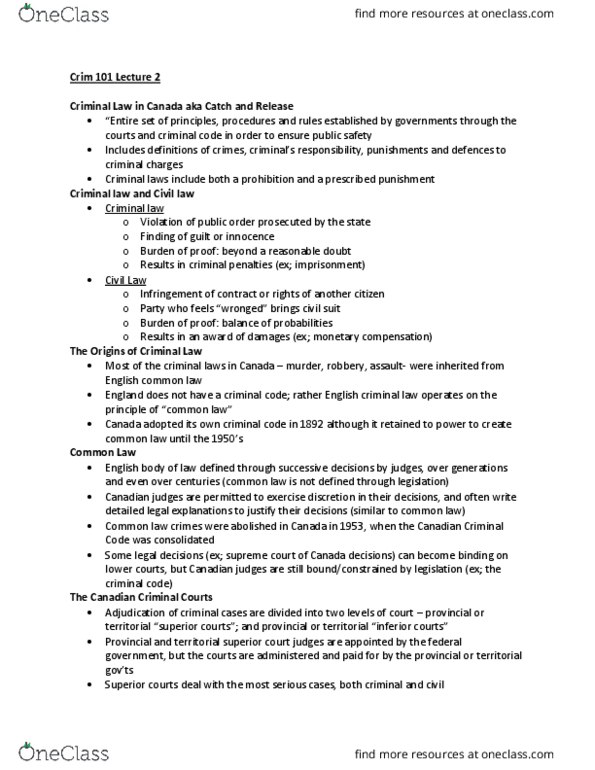 CRIM 101 Lecture Notes - Lecture 2: English Criminal Law, Provincial And Territorial Courts In Canada, Provincial Superior thumbnail