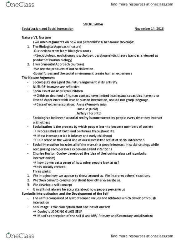 SOCIOL 1A06 Lecture Notes - Lecture 1: Symbolic Interactionism, Sociobiology, Social Learning Theory thumbnail