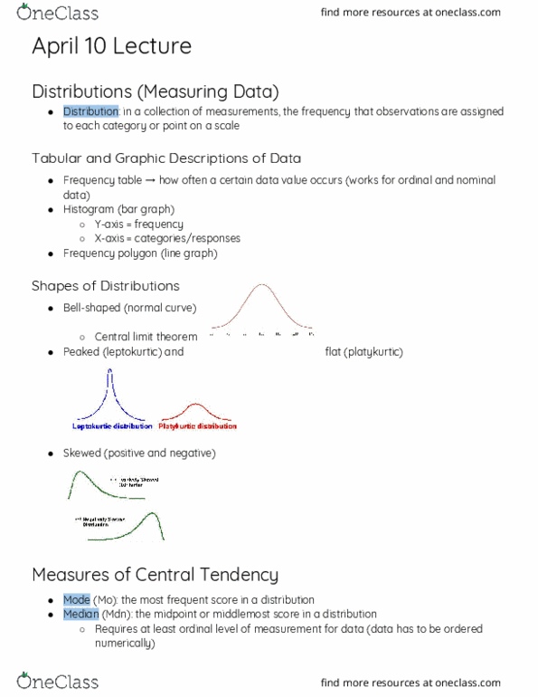 COMM 87 Lecture Notes - Lecture 4: Central Limit Theorem, Kurtosis, Level Of Measurement thumbnail