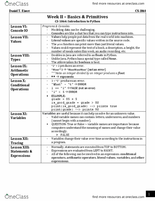 CS 1064 Final: CS-1064 - Exam Review - Week 2 - OneClass