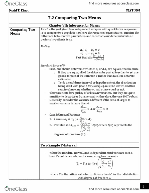 STAT 3005 Lecture Notes - Lecture 7: Floor And Ceiling Functions, Confidence Interval, Test Statistic thumbnail