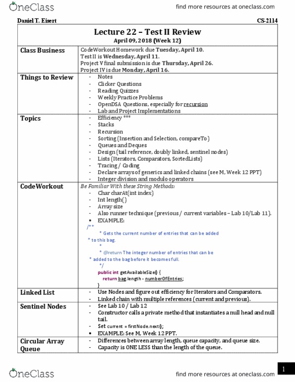 CS 2114 Lecture Notes - Lecture 22: Mobile Suit Gundam, Linked List, Selection Sort thumbnail