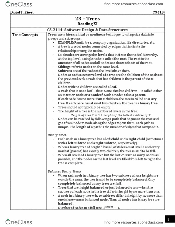 CS 2114 Chapter Notes - Chapter 23 (Trees): Binary Tree, Expert System, Tree Traversal thumbnail