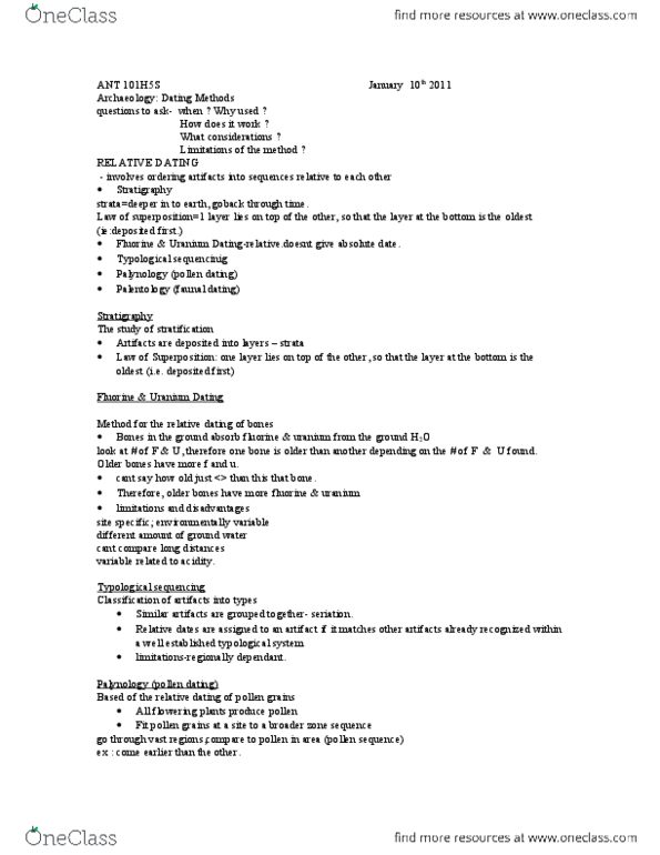 ANT101H5 Lecture Notes - Radiocarbon Dating, Relative Dating, Fluorine thumbnail