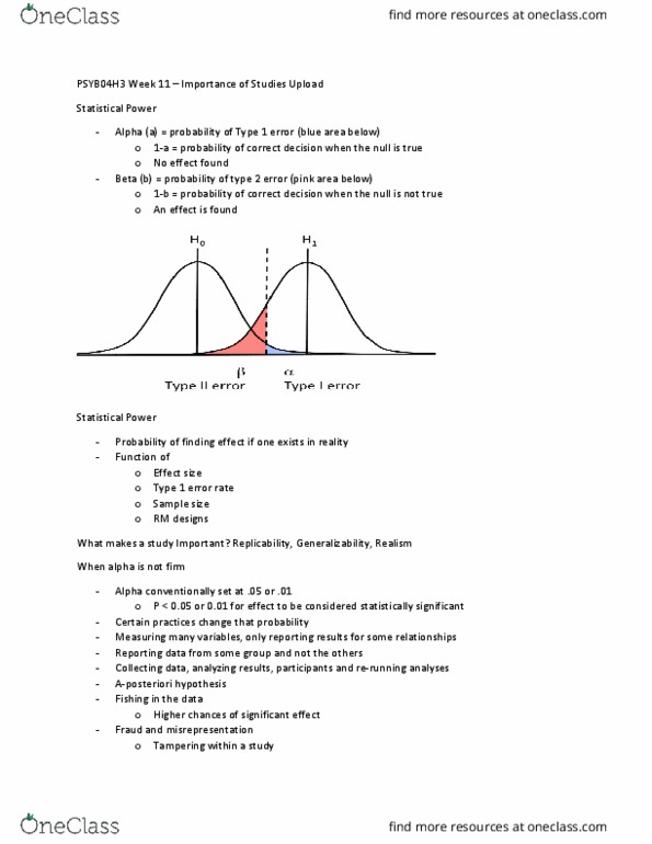 PSYB04H3 Lecture Notes - Lecture 12: Type I And Type Ii Errors, Effect Size, Sample Size Determination thumbnail