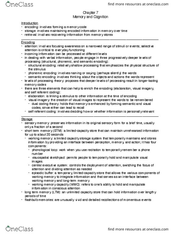 PSY100Y5 Chapter Notes - Chapter 7: Dual-Coding Theory, Long-Term Memory, Baddeley'S Model Of Working Memory thumbnail