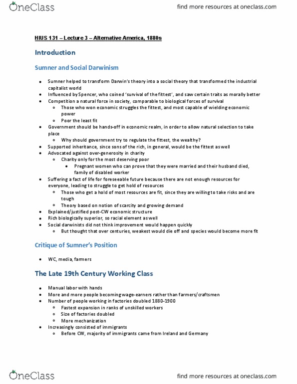 HIUS 131 Lecture Notes - Lecture 3: Manual Labour, Social Darwinism, Industrial Unionism thumbnail