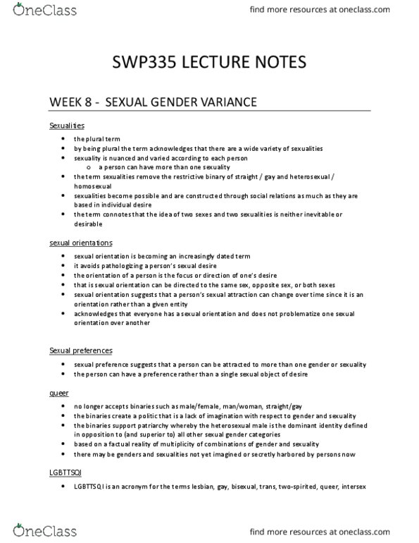 SWP 335 Lecture Notes - Lecture 8: Heterosexuality, Heteronormativity, Transphobia thumbnail