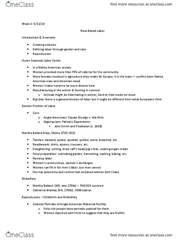 HUMAN 1C Lecture Notes - Lecture 4: Martha Ballard, Squaw, Childbirth thumbnail