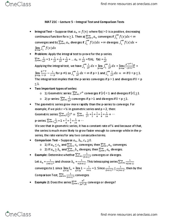MAT 21C Lecture Notes - Lecture 5: Integral Test For Convergence, Ibm System P, Telescoping Series thumbnail