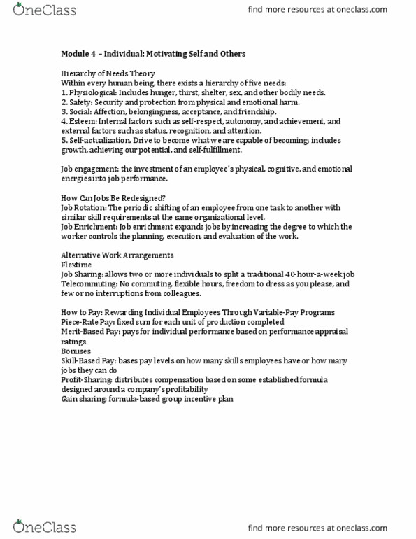 MSCI211 Lecture Notes - Lecture 4: Job Performance, Performance Appraisal, Flextime thumbnail