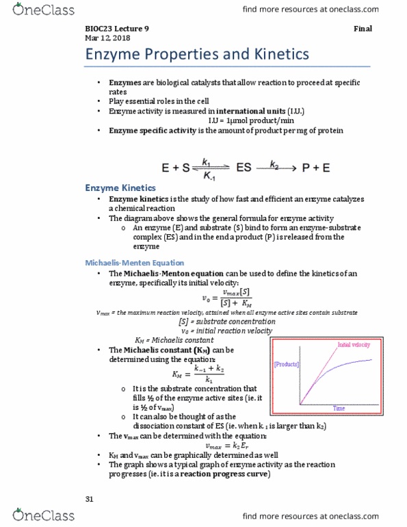 BIOC23H3 Lecture Notes - Lecture 9: Enzyme Kinetics, Reaction Rate, Competitive Inhibition thumbnail