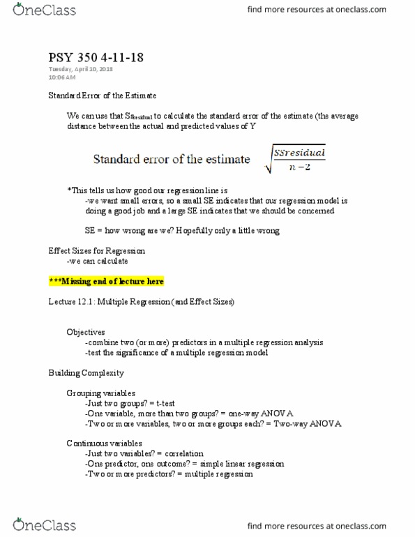 PSY 350 Lecture Notes - Lecture 51: Simple Linear Regression, Multivariate Statistics, Psy thumbnail