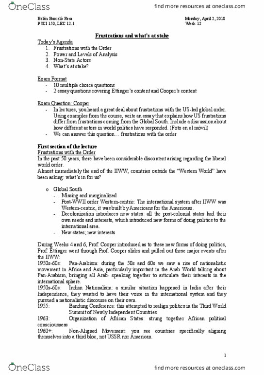 PSCI150 Lecture Notes - Lecture 12: New International Economic Order, Bandung Conference, Weapon Of Mass Destruction thumbnail