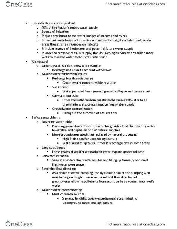 GEO 101 Lecture Notes - Lecture 13: Saltwater Intrusion, Non-Renewable Resource, Hydraulic Head thumbnail