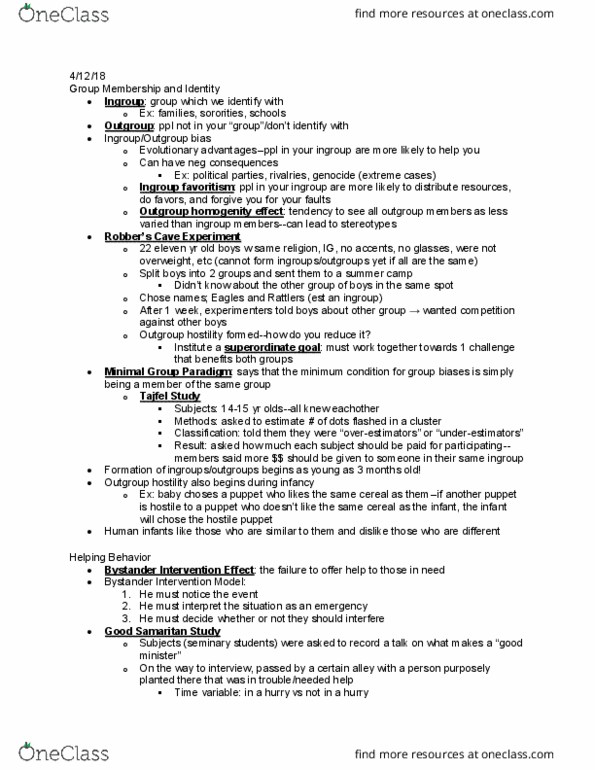 PSYCH 1000 Lecture Notes - Lecture 20: Realistic Conflict Theory, Henri Tajfel, Ingroups And Outgroups thumbnail