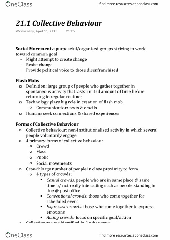 SOCI 102 Chapter Notes - Chapter 21: Flash Mob, Collective Behavior, Symbolic Interactionism thumbnail