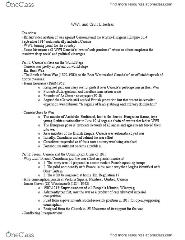 HISTORY 3N03 Lecture Notes - Lecture 5: Victoria Square, Montreal, Wartime Elections Act, War Measures Act thumbnail