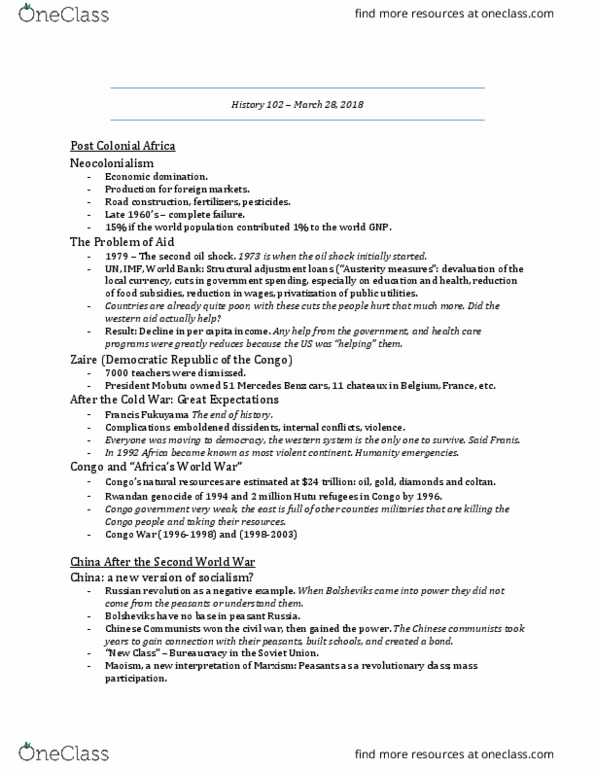 HIST-102 Lecture Notes - Lecture 18: Francis Fukuyama, Mobutu Sese Seko, Maoism thumbnail