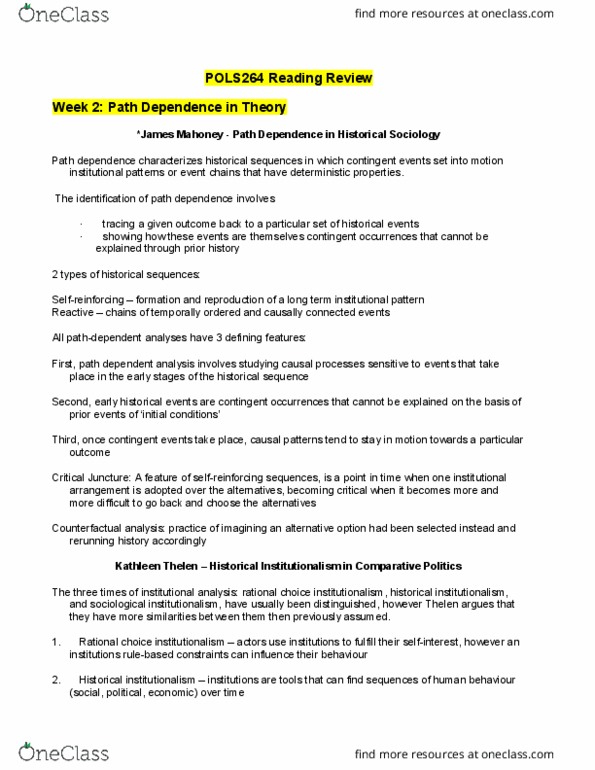 POLS 264 Lecture Notes - Lecture 2: Paul Pierson, Historical Institutionalism, Path Dependence thumbnail