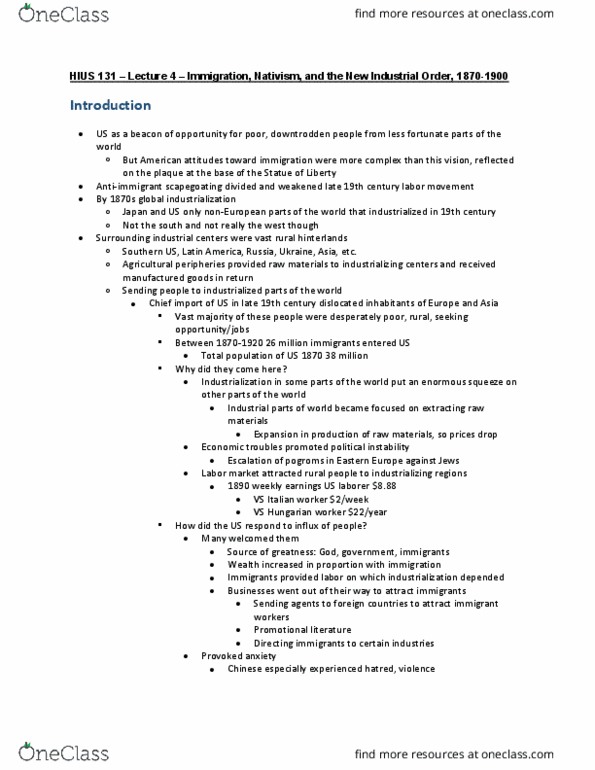 HIUS 131 Lecture Notes - Lecture 4: Scapegoating, Haymarket Affair, Monopoly Capital thumbnail