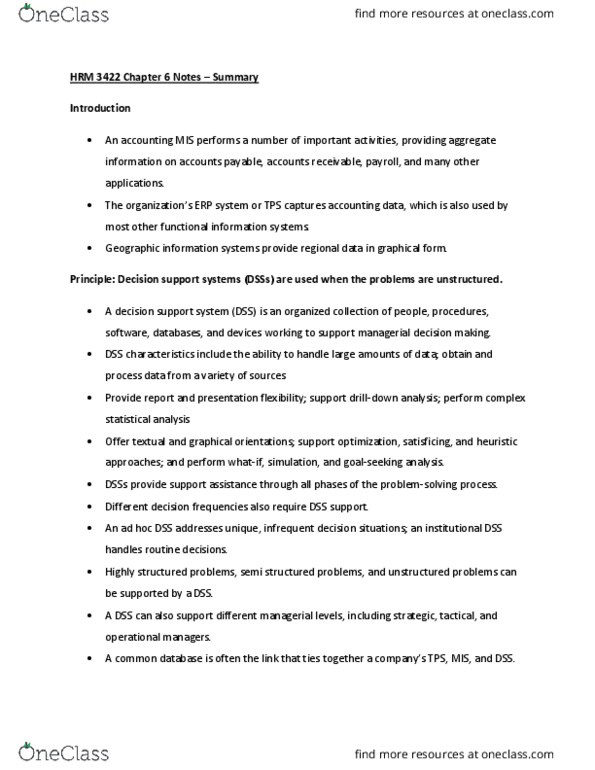 HRM 3422 Chapter Notes - Chapter 6: Decision Support System, Direct-Sequence Spread Spectrum, Accounts Payable thumbnail