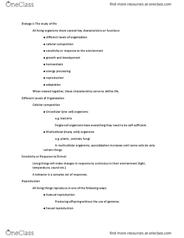 BIOL 2299 Lecture Notes - Lecture 2: Asexual Reproduction, Sexual Reproduction, Homeostasis thumbnail