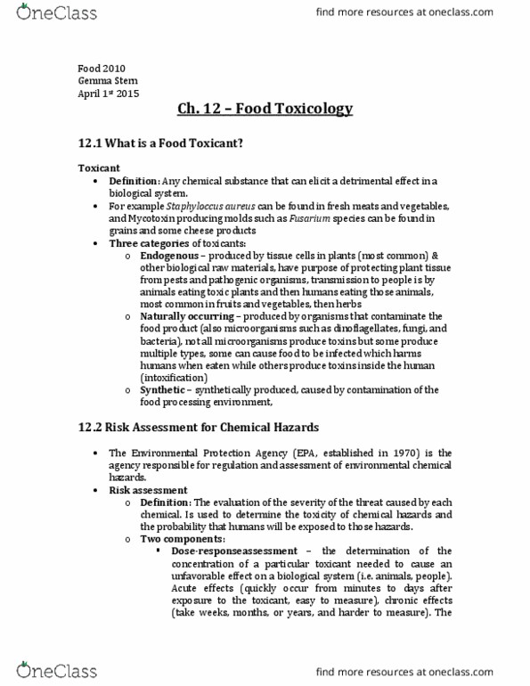 FOOD 2010 Chapter Notes - Chapter 12: Mycotoxin, Dinoflagellate, Exposure Assessment thumbnail