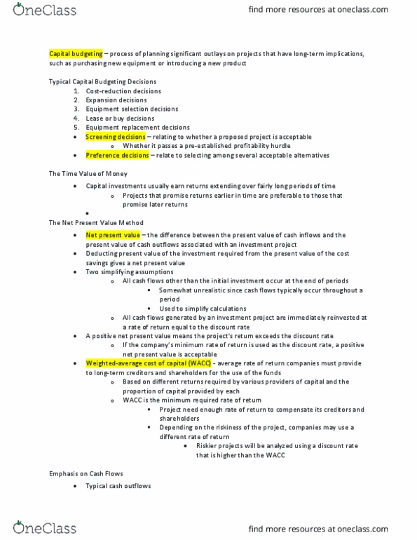 AFM102 Chapter Notes - Chapter 13: Net Present Value, Discounted Cash Flow, Capital Budgeting thumbnail