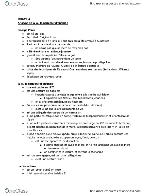 FRAN 4315 Lecture Notes - Lecture 4: Raymond Queneau, Georges Perec, Nouveau Roman thumbnail