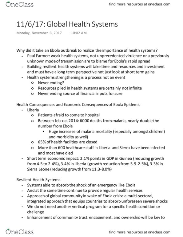 HLTH 250 Lecture Notes - Lecture 7: Health Systems Strengthening, Global Health, Health Human Resources thumbnail