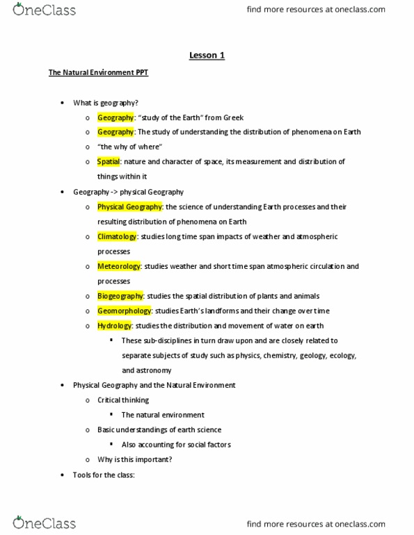 GEOG 141 Lecture Notes - Lecture 1: Atmospheric Circulation, Climatology, Geomorphology thumbnail