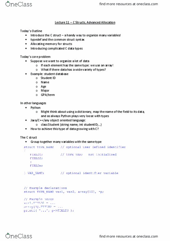 COMP 206 Lecture Notes - Lecture 11: Object-Oriented Programming, C Data Types, C Syntax thumbnail