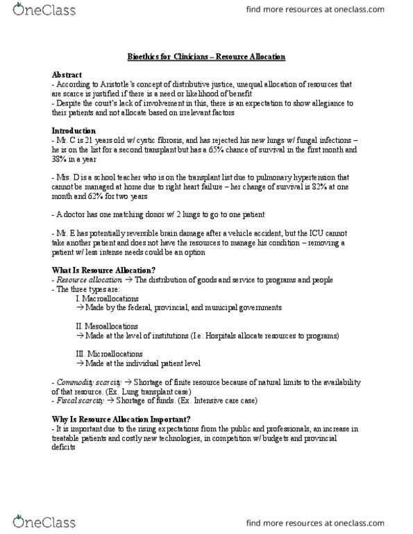 Health Sciences 2610F/G Chapter Notes - Chapter 7: Lung Transplantation, Resource Allocation, Pulmonary Hypertension thumbnail