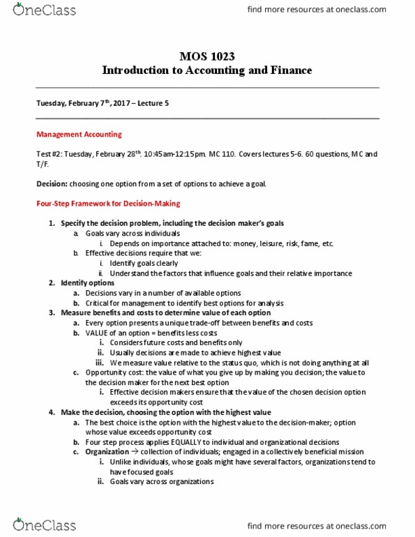 Management and Organizational Studies 1023A/B Lecture Notes - Lecture 5: Financial Statement, Opportunity Cost, Management Accounting thumbnail