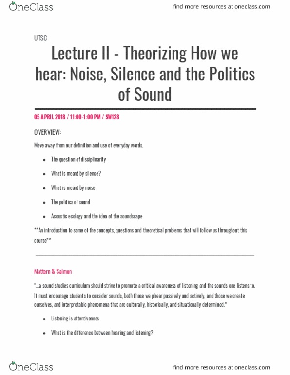 MDSB63H3 Lecture Notes - Lecture 2: Acoustic Ecology, Sound Studies, Soundscape thumbnail