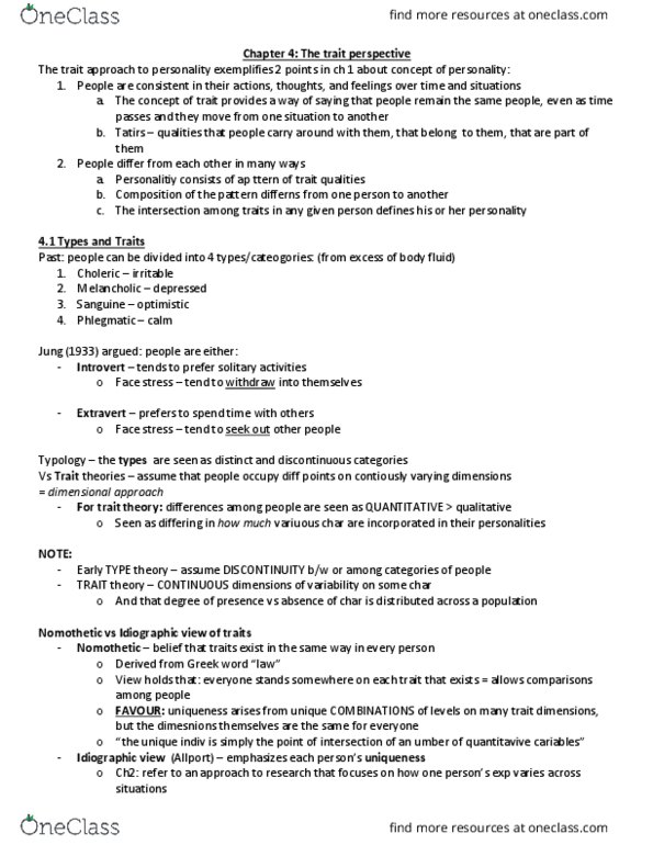 PSYCO333 Chapter Notes - Chapter 4: Trait Theory, Nomothetic, Umber thumbnail