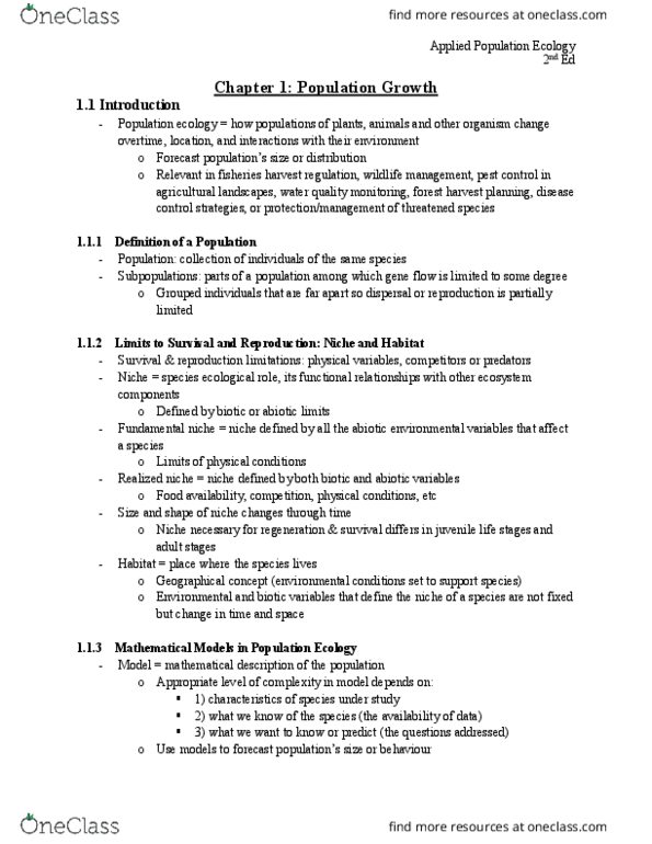 REM 311 Chapter Notes - Chapter 1: Population Ecology, Panmixia, Exponential Growth thumbnail