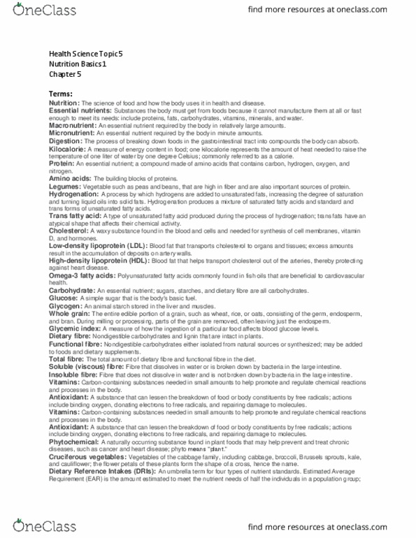 Health Sciences 1001A/B Lecture Notes - Lecture 6: Dietary Fiber, Cruciferous Vegetables, Unsaturated Fat thumbnail