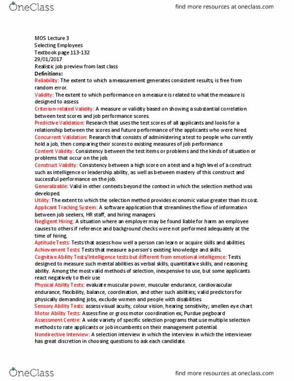 Management and Organizational Studies 1021A/B Lecture Notes - Lecture 3: Applicant Tracking System, Construct Validity, Motor Coordination thumbnail