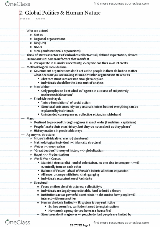 POL208Y1 Lecture Notes - Lecture 2: Human Nature, Microfoundations, Unintended Consequences thumbnail