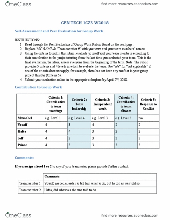 ENGTECH 1AC3 Chapter 7: 1CZ3 W2018 Self and Peer Evaluation for Group Work thumbnail